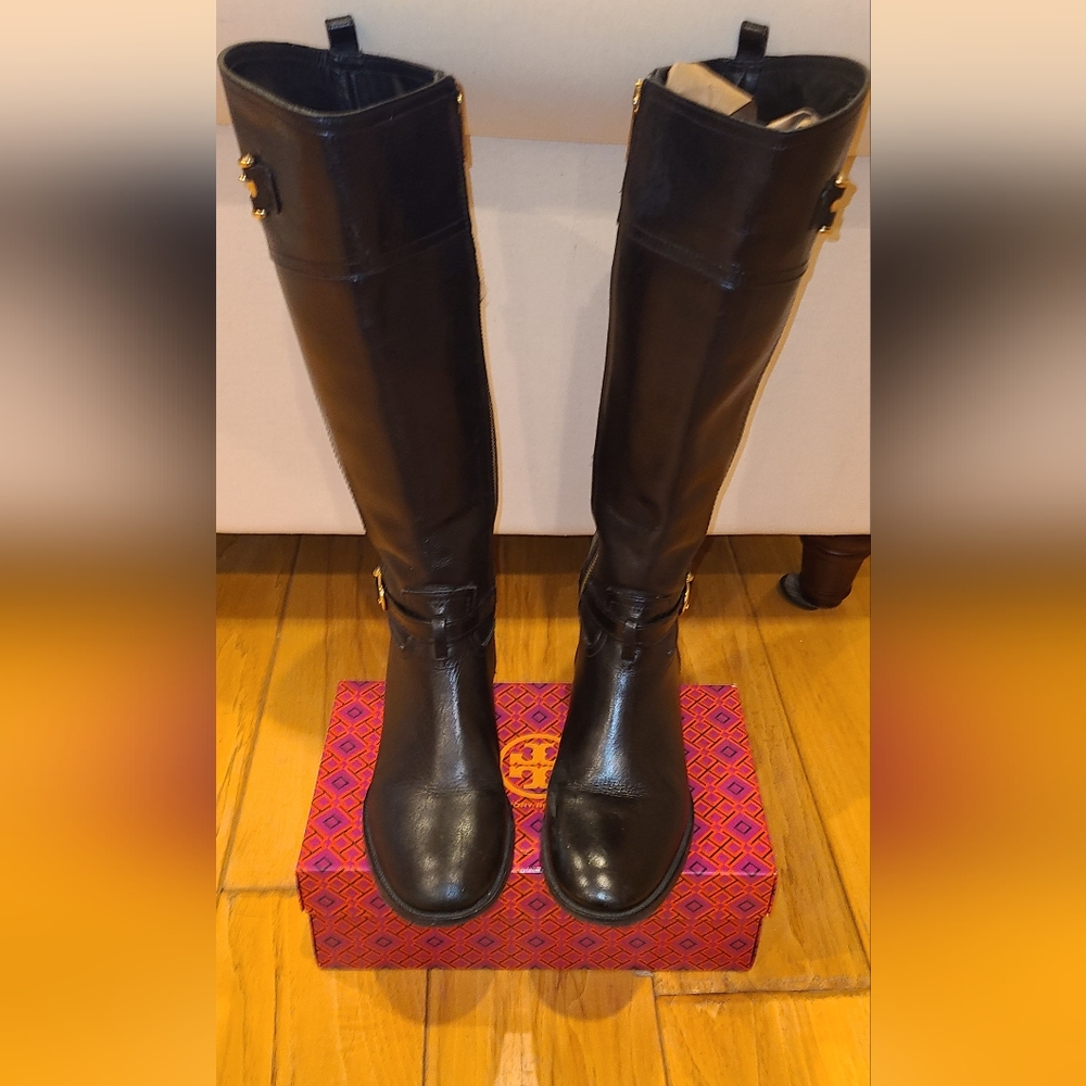 Tory Burch Designer Nadine Black Leather Tall Riding Boots 8 - Picture 3 of 10
